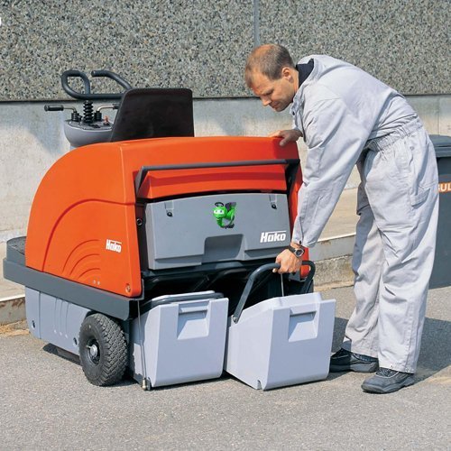 The Hako Jonas floor and street sweeper hire, easy to empty the hoppers