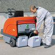 The Hako Jonas floor and street sweeper hire, easy to empty the hoppers