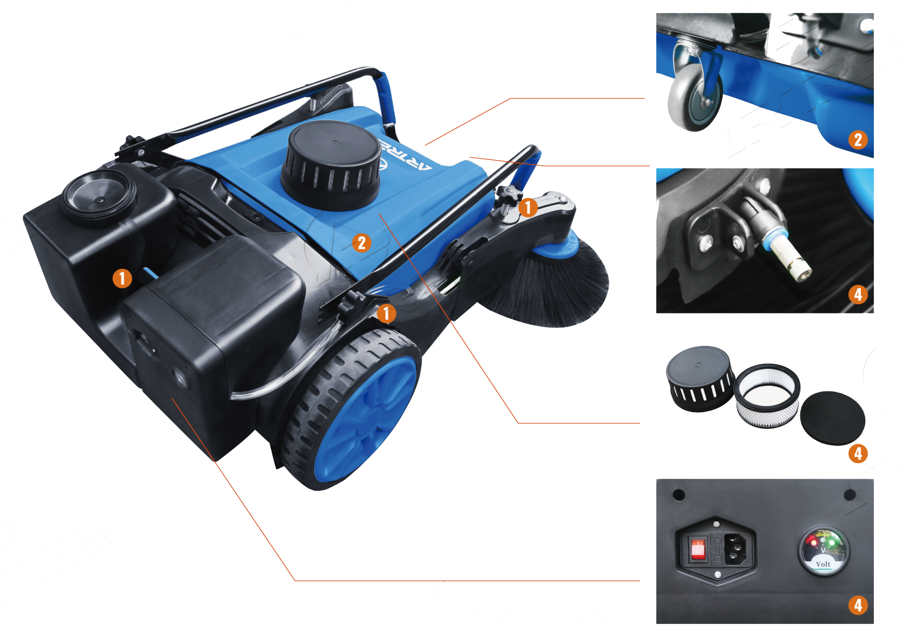 Features of the Scrubby SW100 manual push along sweeper for sweeping dust and debris from a variety of surfaces such as paths, playgrounds, yards, driveways, streets and more