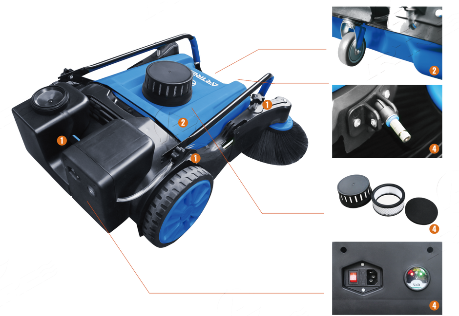 Features of the Scrubby SW100 manual push along sweeper for sweeping dust and debris from a variety of surfaces such as paths, playgrounds, yards, driveways, streets and more