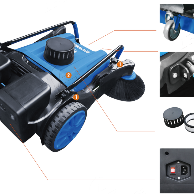 Features of the Scrubby SW100 manual push along sweeper for sweeping dust and debris from a variety of surfaces such as paths, playgrounds, yards, driveways, streets and more
